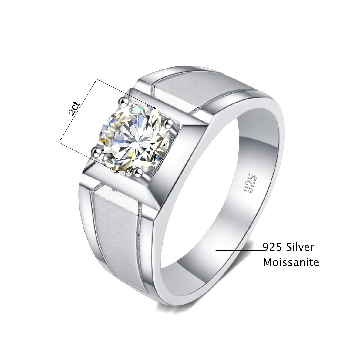 Men 2 Carat Moissanite Ring -  925 Sterling Silver White Gold plated