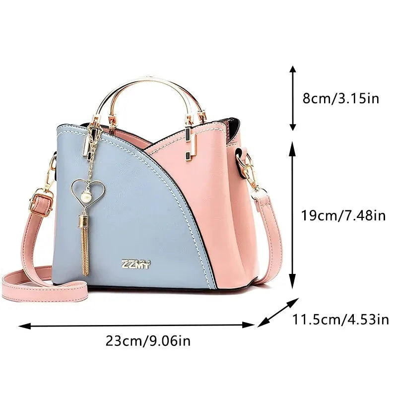 PU Leather  Block Handle  Large Capacity  Patchwork Handbag