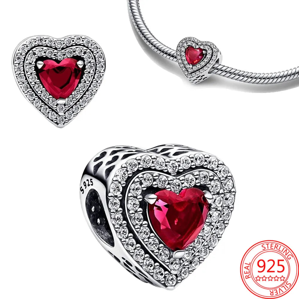 S925 Silver Sparkling Levelled Heart Charm Fit Pandora Bracelet & Bangle