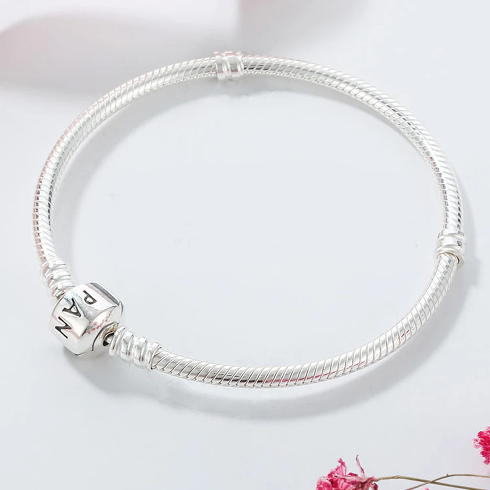 Pandora Silver Classic Letter Square Head Buckle Moments - Snake Chain Bracelet   with Bag