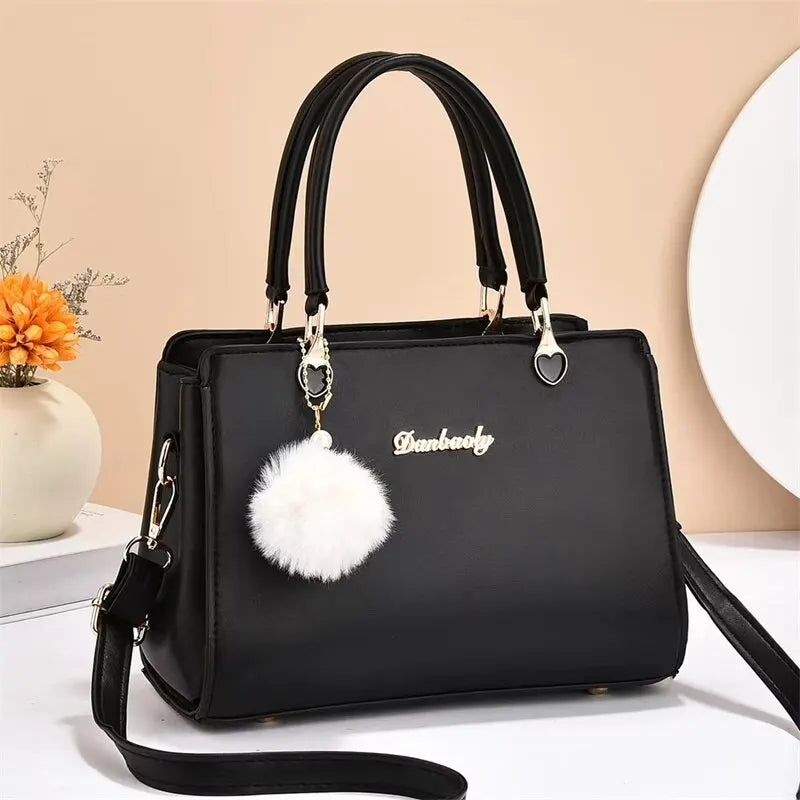 Ladies  Plush Ball Decor Fashion Satchel Stylish Handbag -  PU Leather