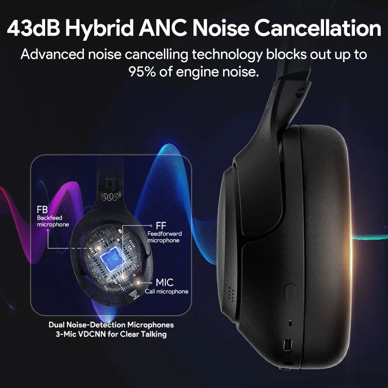 QCY H3 ANC Wireless Headphones -  Bluetooth 5.4 Hi-Res Audio  - 43dB Hybrid Active Noise Cancellation 60H